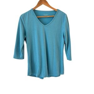 Segments Essential V Neck Top Womens Size M Blue Micro Stripe 3/4 Sleeve